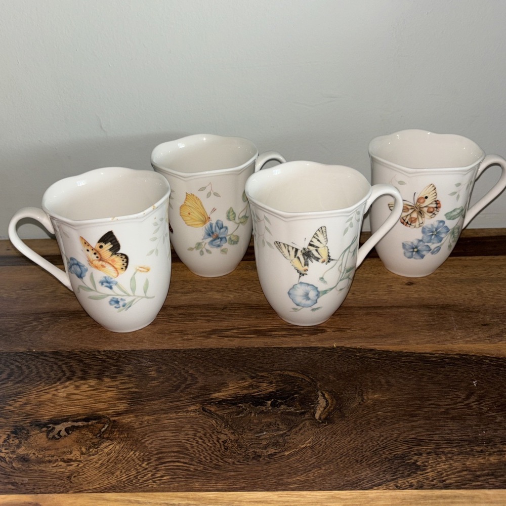 Set Of 4 Lenox Butterfly Meadow Tea Cups Coffee Mugs‎ Scalloped Edge
